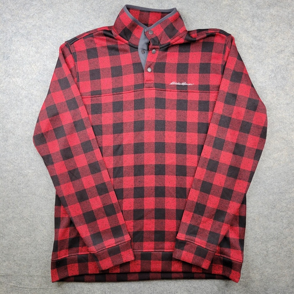 Eddie Bauer Sweatshirt Mens XLT Red Plaid Fleece Snap Mock Neck Pullover Pockets